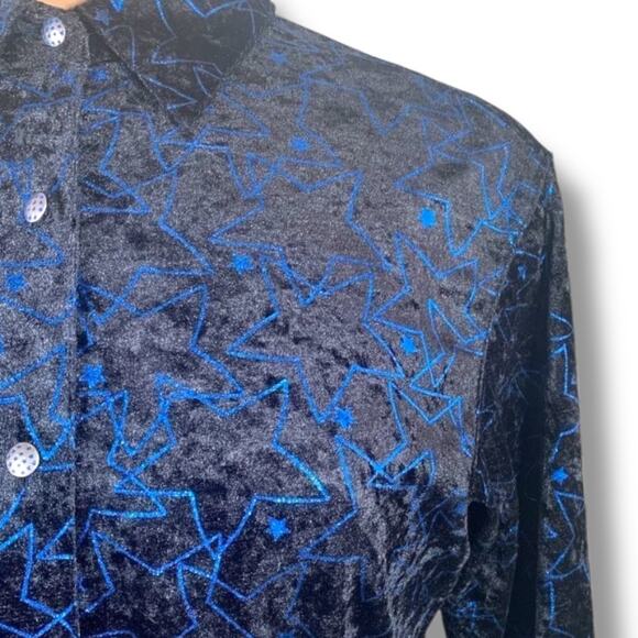 Vintage Wrangler Star Print Velvet Western Shirt Small Black Blue Long Sleeve - Picture 2 of 10